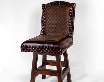 Kennedy Diamond Embossed Leather Ranch Leather Swivel Bar Stool with Nail Head Design Leather Counter Stool Rustic Cowboy