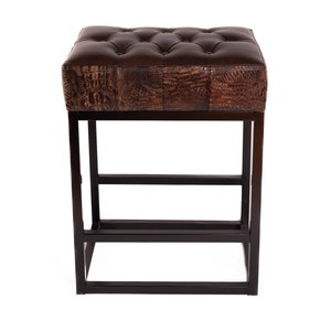 Smith Tufted Brown Croc Embossed Leather Saddle Stool, Western Ranch Barstool Counter Stool Luxury Cowhide Bar Stool Black Steel Metal Legs