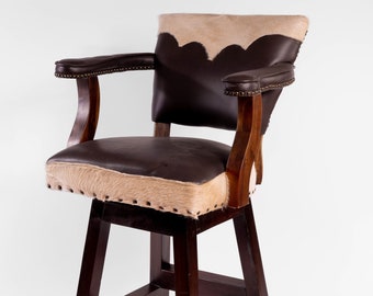 Trophy Ranch Bar Stool with White Hide Yolk Leather & Swivel Southwestern Leather Barstool Hair on Hide Barstool with Arms Cowhide Western