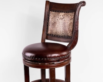 Bethany French Country Bar Stool (No Arms) White Crocodile Embossed Leather Ranch Counter Stool