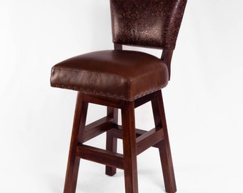 Wilson Ranch Armless Bar Stool Copper Embossed Leather Counter Stool Floral Leaf Swivel Bar Stool Southwestern Stool Rustic Cowboy Western