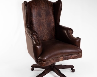Horn Leather Office Chair Ranch Brown Crocodile Embossed leather executive desk chair Swivel brown Leather Wingback Western Croc executive