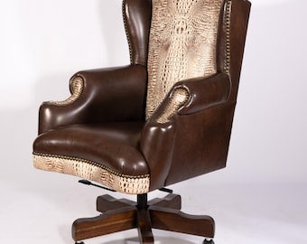 Horn Leather Office Chair Ranch White Crocodile Embossed leather executive chair Swivel brown Leather Wingback Western Accent Chair Croc