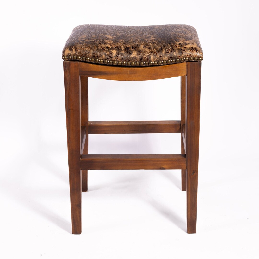 Floral Embossed Leather Saddle Stool, Solid Wood Western Ranch Barstool Etsy