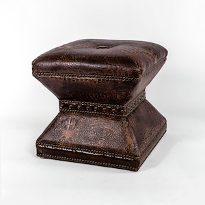Vegas Ottoman in Brown Crocodile Embossed Leather, Cowhide Rustic Ranch Bench
