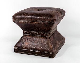 Vegas Ottoman in Brown Crocodile Embossed Leather, Cowhide Rustic Ranch Bench