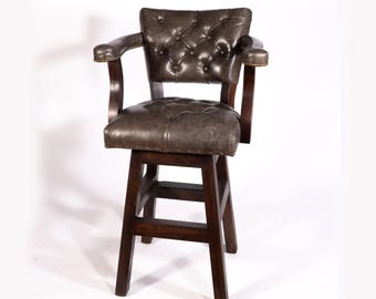 Trophy Ranch Bar Stool with Tufted Charcoal Espresso Gray Leather & Swivel