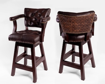 Ranch Bar Stool with Tufted Brown Leather with Quilted Diamond Back & Swivel