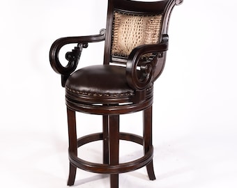 Bethany French Country Arm Bar Stool White Crocodile Leather Ranch Counter Stool