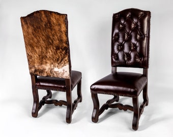 Tufted Ranch Upholstered Dining Chair SOLID WOOD with Real Brown Leather and Cowhide Back