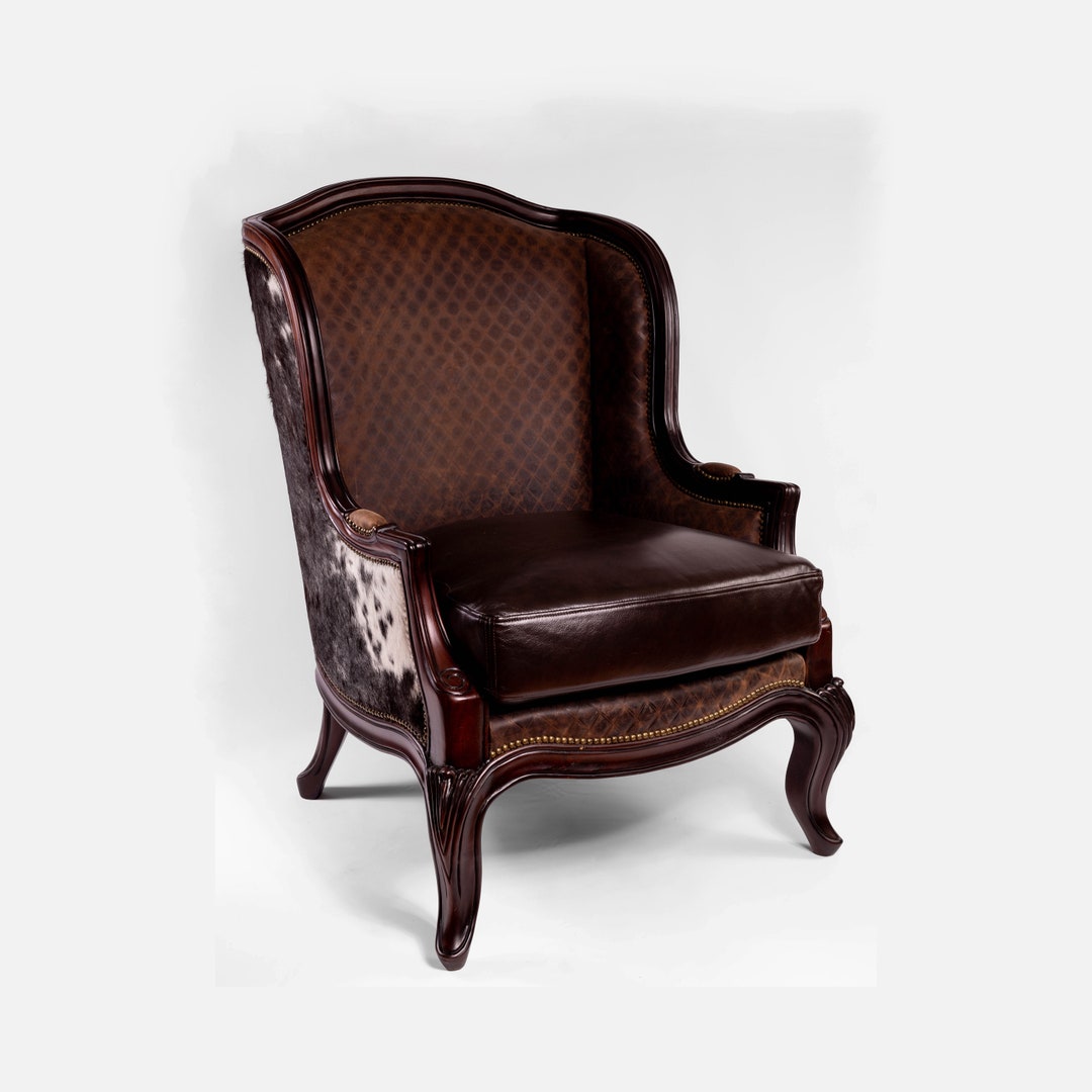 Britney Rustic Ranch Leather Cowhide Accent Chair Croc Western Wingback ...