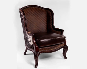 Britney Rustikaler Ranch Leder Rindsleder Akzent Stuhl Croc Western Wingback Schwarz & Weiß Hair on Hide Hütte