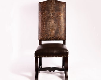 Ranch Embossed Crocodile Real Leather Dining Chair, Solid Wood Western Upholstered Brown Leather Chair