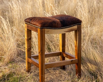 Western Cowhide Saddle Stool - Ranch Bar Stool Solid Wood- Leather Hide Barstool Handmade Rustic Farmhouse Stool for Kitchen Counter or Bar