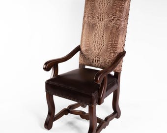 Ranch White Crocodile Arm Chair REAL Embossed Leather Dining Chair SOLID WOOD Western Upholstered Brown Leather Captain Chair