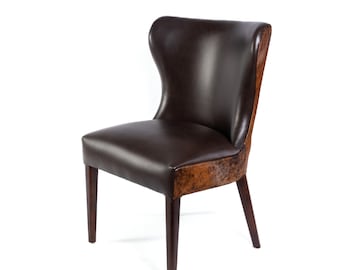 Mid-Century Modern Cowhide Dining Chair – Brown Leather Accent, Handmade Solid Wood, Rustic Farmhouse Seating