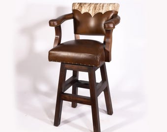 Trophy Ranch Bar Stool with Brindle Hair on Hide Yolk Leather & Swivel, Cream Brown Swivel Bar Stool with Back Leather Barstool with Arms