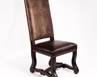 Ranch Embossed Crocodile REAL Leather Dining Chair SOLID WOOD Western Upholstered Brown Leather