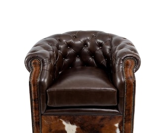 Waller Swivel Brown Leather Accent Chair – Cowhide Tufted Armchair, Modern Rustic Decor