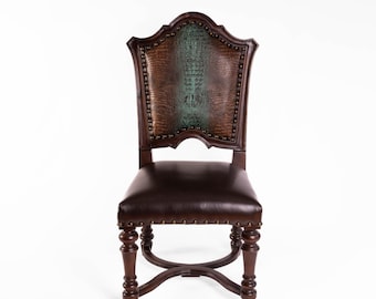 French Turquoise Crocodile Dining Chair SOLID WOOD Western Ranch Brown Leather Lynn Teal Croc Embossed Leather Upholstered Southwestern