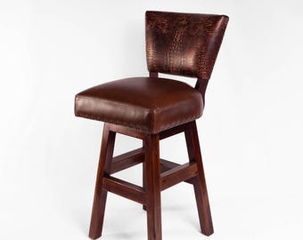 Rustic Leather Armless Bar Stool with Back Brown Croc Embossed Leather Counter Stool Swivel Southwestern Cowboy Counter Stool Western