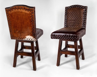 Rustic Cowhide Swivel Stool, Kennedy Ranch Leather Barstool, Western Nailhead Counter Chair