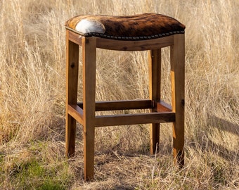 Western Cowhide Saddle Stool - Solid Wood & Leather Hide Barstool - Rustic Farmhouse High Chair for Bar, Kitchen, or Ranch Decor