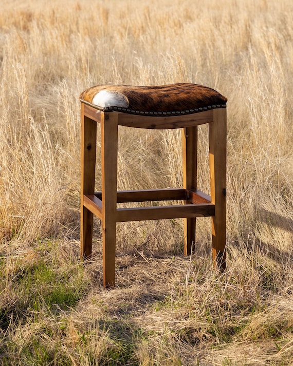 Western Cowhide Saddle Stool - Solid Wood & Leather Hide Barstool - Rustic Farmhouse High Chair for Bar, Kitchen, or Ranch Decor