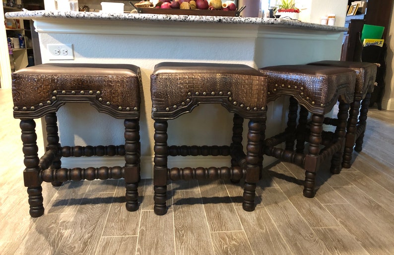 Marlo Rustic Farmhouse Grey White Wash Leather Bar Stool Gray Counter Stool Brown Crocodile