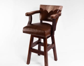 Trophy Ranch Bar Stool with White Crocodile Leather Embossed Yolk Swivel Bar Stool with Back and Arm Nail Design
