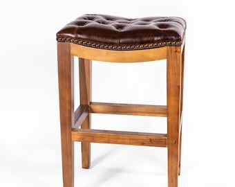 Tufted Brown Leather Saddle Stool – Solid Wood Western Ranch Barstool for Kitchen, Bar, or Counter