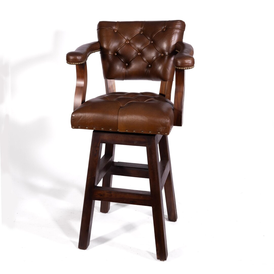 Rustic Leather Swivel Bar Stool With Arms Vintage Style Tufted Stool 