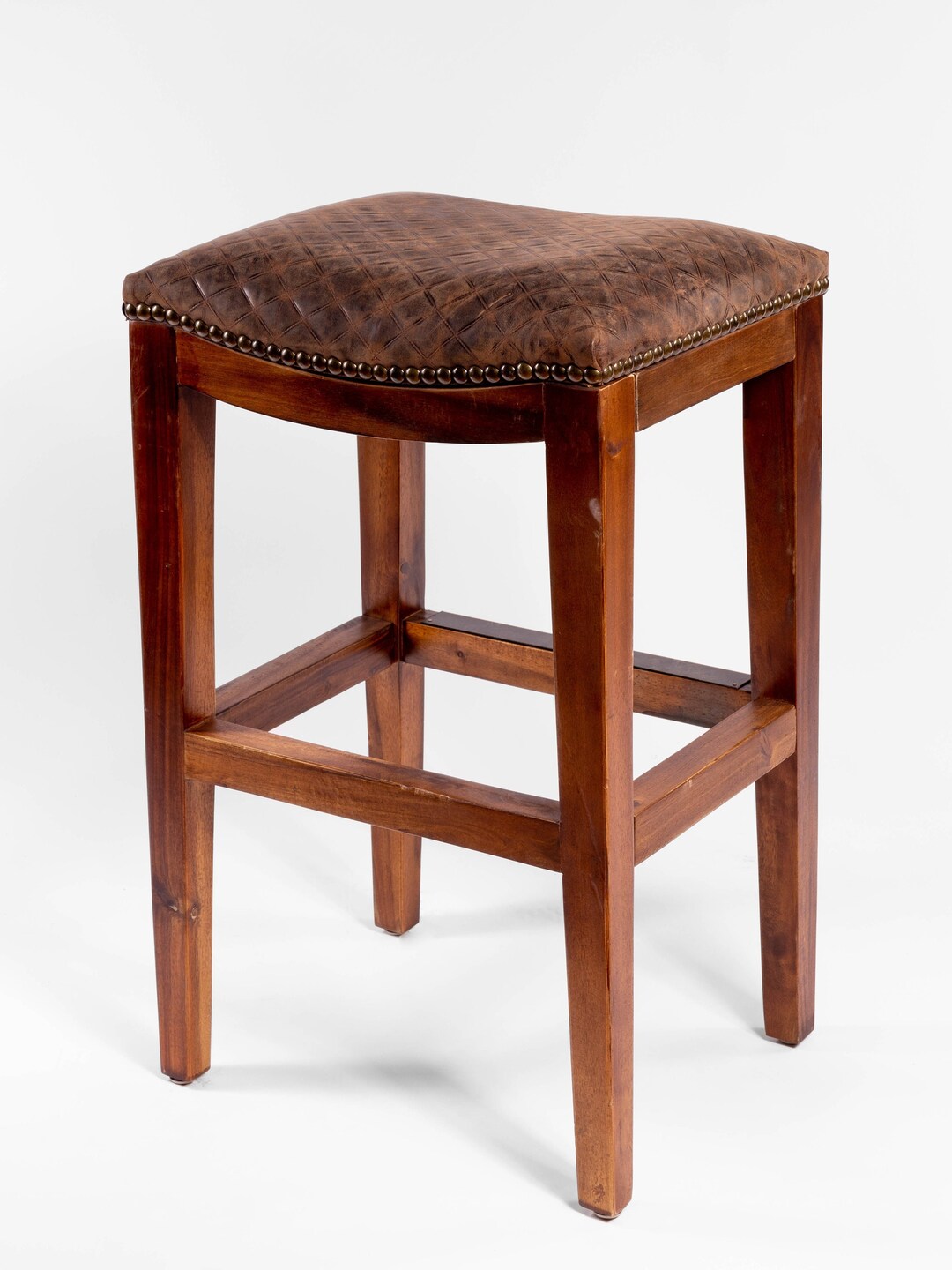 Brown Quilted Leather Saddle Stool, Solid Wood Western Ranch Counter Stool Diamond Embossed
