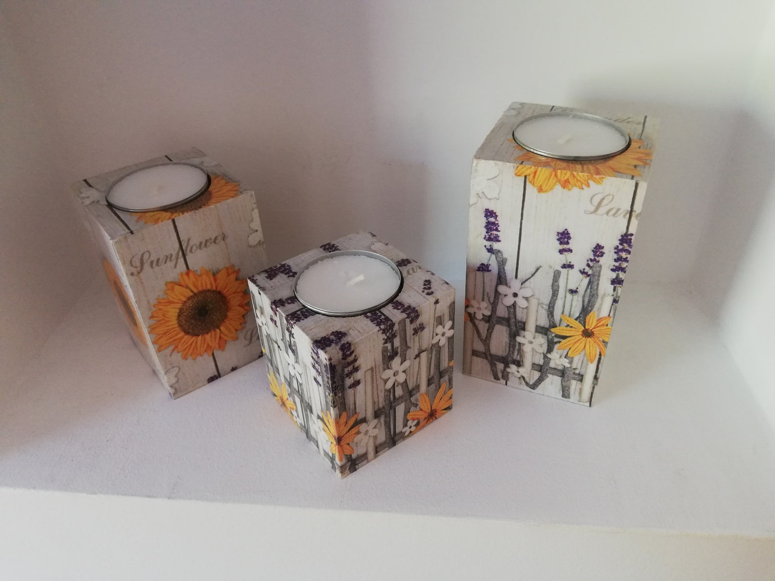 Set of 3 Candle holders wood decoupage decor tealight wooden Etsy