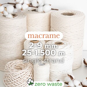 Combed cotton rope / 2mm, 3mm, 4mm, 7mm, 9mm / 25 meters - 1500 meters / Macrame and crochet rope / Single strand rope / Warp