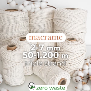 May include: Spools of off-white macrame cord, triple strand, with text indicating 2-7 mm thickness and 50-1,200 m length. The image includes the word "macrame" and the phrase "zero waste". Cotton sprigs are in the background.