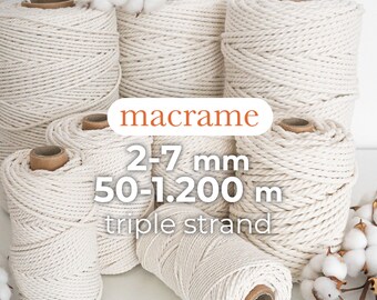 Twisted cotton rope / 2mm, 3mm, 4mm, 5mm, 7mm / 50 meters - 1200 meters / 3-strand rope / 3PLY / Macrame and crochet rope