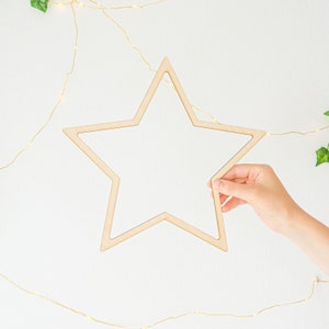 Può includere: Una cornice a forma di stella in legno con una mano che tiene il punto inferiore della stella. La stella è su uno sfondo bianco con una ghirlanda di luci.
