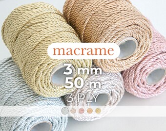Metallic twisted rope / 3mm / 50 meters / 3-strand rope / 3PLY / Macrame and crochet rope