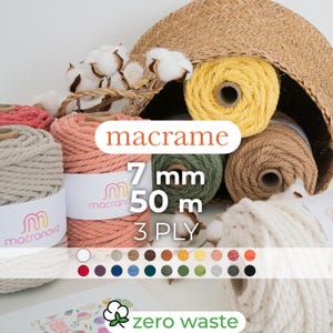 May include: A collection of 7 mm, 3-ply macrame cord in various colors. Each spool is 50 meters long. The cord is made from natural fibers and is perfect for crafting projects. The image also includes the text "macrame 7 mm 50 m 3 PLY zero waste".