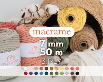 Twisted cotton rope / 7mm / 50 meters / 3-strand rope / 3PLY / Macrame and crochet rope