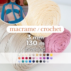 May include: Three spools of 3 mm braided cord, each 130 meters long. The cords are beige, light pink, and cream. A color chart shows 36 different colors of cord available.