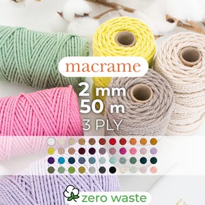 Twisted cotton rope / 2mm / 50 meters / 3-strand rope / 3PLY / Macrame and crochet rope