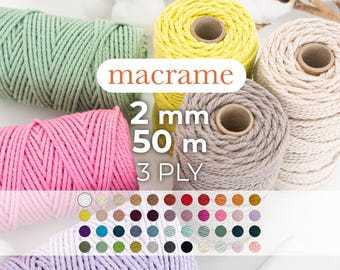 Twisted cotton rope / 2mm / 50 meters / 3-strand rope / 3PLY / Macrame and crochet rope