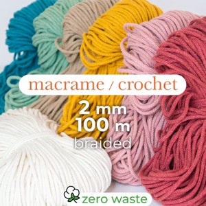 Cotton braided cord / 2 mm / 100 meters / Macramé and crochet rope, craft textile thread