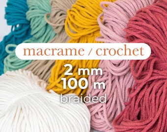 Cotton braided cord / 2 mm / 100 meters / Macramé and crochet rope, craft textile thread