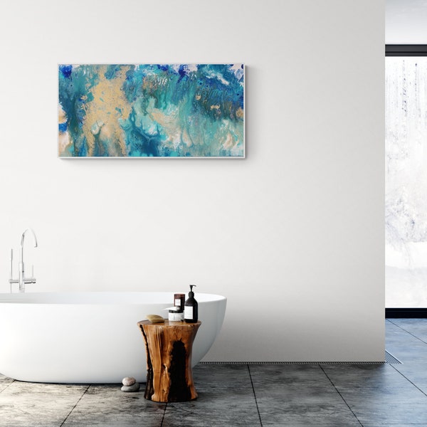 Mer Paon - Tableau d'art abstrait moderne, Acrylique, 50x100cm, pièce unique / Ocean blue Abstract Wall Art on canvas 20"x40" inch