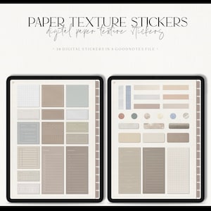 May include: A digital planner page with 38 digital paper texture stickers in a Goodnotes file. The stickers are in various shades of brown, beige, and blue. The stickers include different textures, such as grid, lined, and plain.