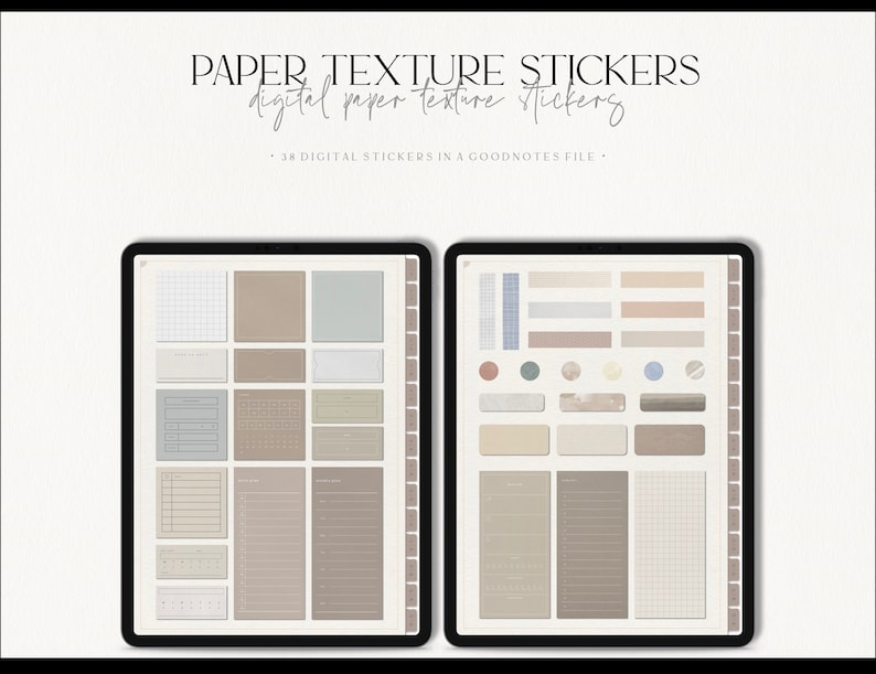 May include: A digital planner page with 38 digital paper texture stickers in a Goodnotes file. The stickers are in various shades of brown, beige, and blue. The stickers include different textures, such as grid, lined, and plain.