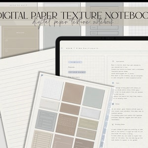 May include: Digital paper texture notebook with a variety of lined, grid, and blank pages. The notebook includes a section for "Family", "Routine", and "Goals". The notebook also includes a section for "Conversation", "Date", "Events", and "Drawing Room".